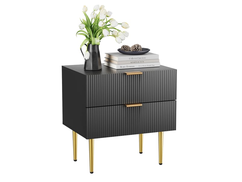  Table de chevet 53x41,5x52,5 cm, 2 tiroirs, motif ondulé moderne, meuble de chambre, pieds métal, rangement, mdf, noir  - Conforama A
