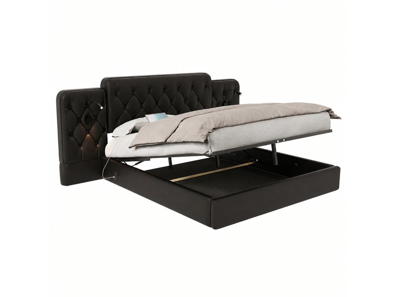  Lit coffre 160 x 200 cm noir en similicuir pu, relevage hydraulique, tête capitonnée, liseuses et ports usb  - Conforama A