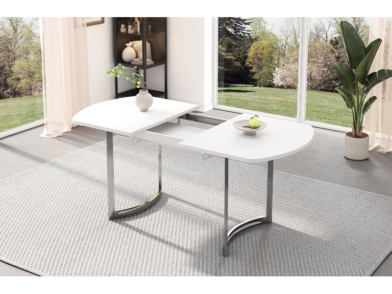  Table à manger extensible 140-180 x 80 cm en mdf blanc, pieds métal argenté  - Conforama E