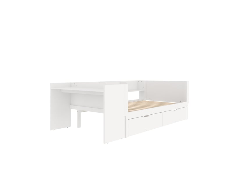  Lit simple 90x200 cm avec bureau intégré, 2 tiroirs et étagères, pin, blanc, sans matelas  - Conforama E