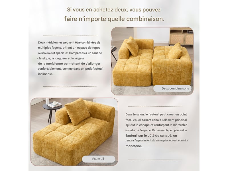  Méridienne 1 place en tissu chenille jaune avec coussin et poches latérales W2845P279856 - Conforama E