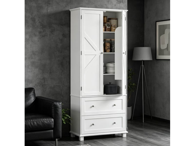  Buffet haut de cuisine blanc à 2 portes et 2 tiroirs, 80 x 39,5 x 184,5 cm  - Conforama D