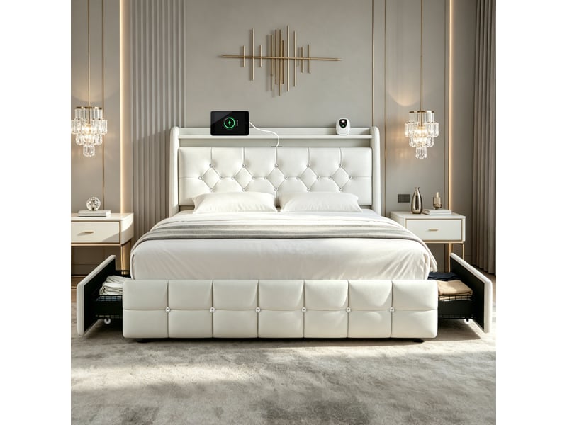  Lit 140x200 cm blanc avec 4 tiroirs rangement, led, ports usb+type-c sans matelas EBD859F-WH - Conforama C