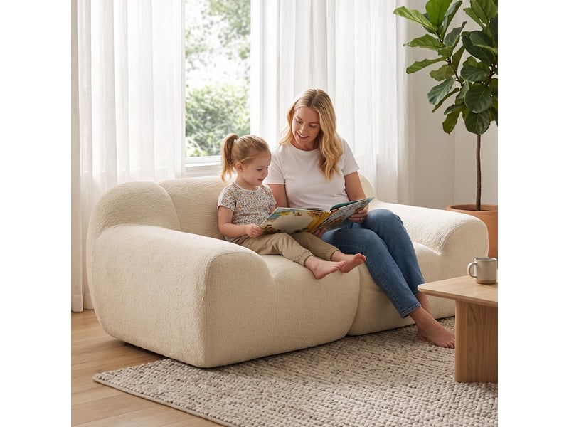  Canapé design arrondi 2 places larges accoudoirs tissu chenille beige  - Conforama D