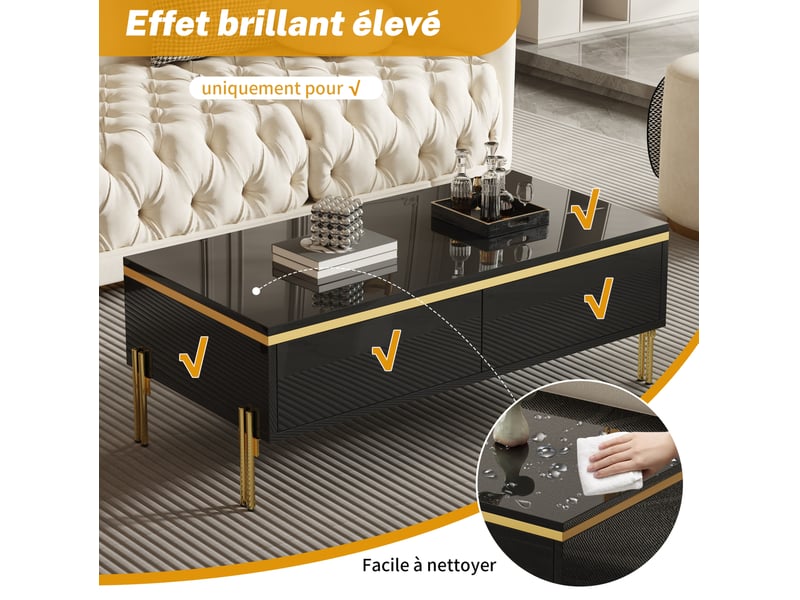  Table basse rectangulaire 100x50x36 cm avec tiroirs double face, pour salon, contemporain, panneau de particules, noir  - Conforama E