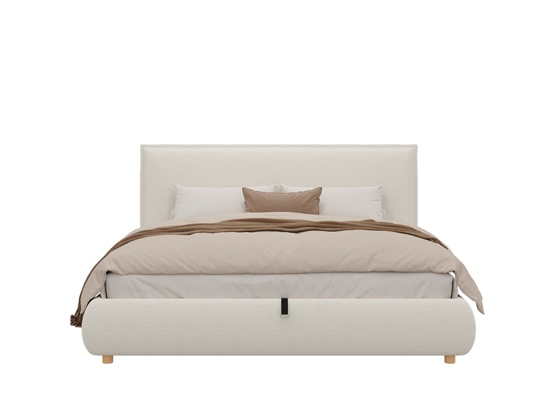  Elvmi lit coffre 180x200 cm en tissu bouclé blanc, lit double avec sommier à lattes et rangement hydraulique, tête de lit rembourrée à pli décoratif, structure intégrée stable, pieds en bois massif d'hévéa, style moderne et scan…  - Conforama D