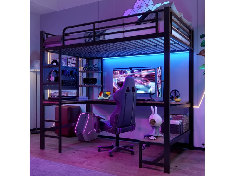 Lit mezzanine 90 x 200 cm avec bureau, led, usb-c, étagères et panneau perforé, noir  - Conforama E