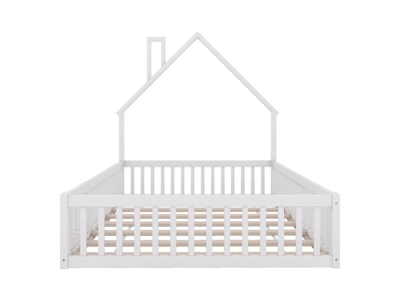  Lit cabane enfant 2 places - 140x190 cm - forme de cheminée - sommier à lattes - bois de pin - blanc - barrières de sécurité CYQ-N636P281544K - Conforama R