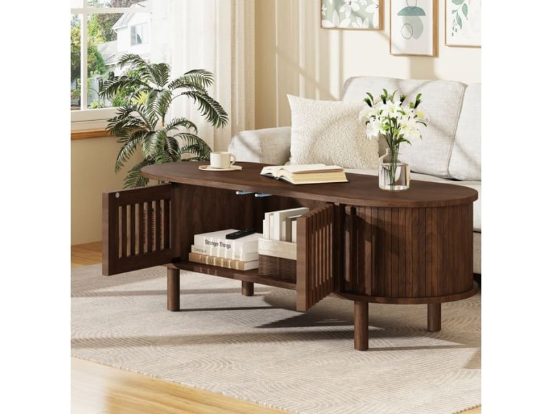  Table basse ovale 100 x 40 x 38 cm avec rangement fermé, 2 portes à lamelles, porte coulissante à enroulement mdf noyer joinery  - Conforama C