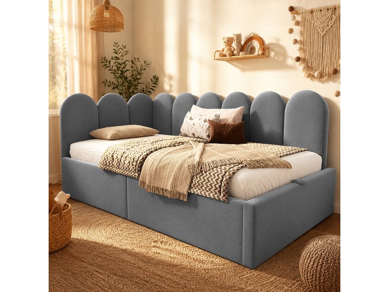 Lit banquette enfant 90x190 cm avec rangement hydraulique en velours gris - Conforama B
