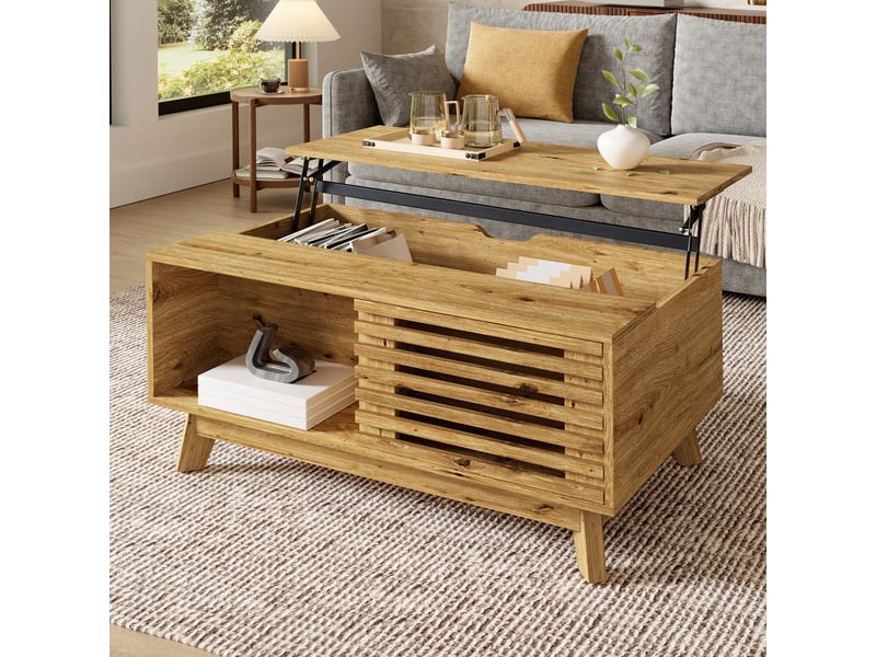  Table basse 90x55x57,5 cm, plateau relevable, porte coulissante à lames, rangement modulable, mdf, effet bois OMNIGLINT TRADING LTD - Conforama E