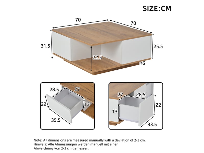  Table basse carrée 70x70 cm avec 3 tiroirs et rangement ouvert, finition brillante, blanc et bois  - Conforama C