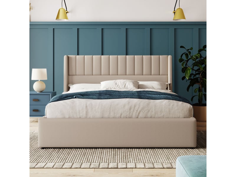 Lit coffre 160x200cm avec matelas inclus - lit rembourré - lin beige, rangement hydraulique pratique, tête de lit rayée, sommier - Conforama B