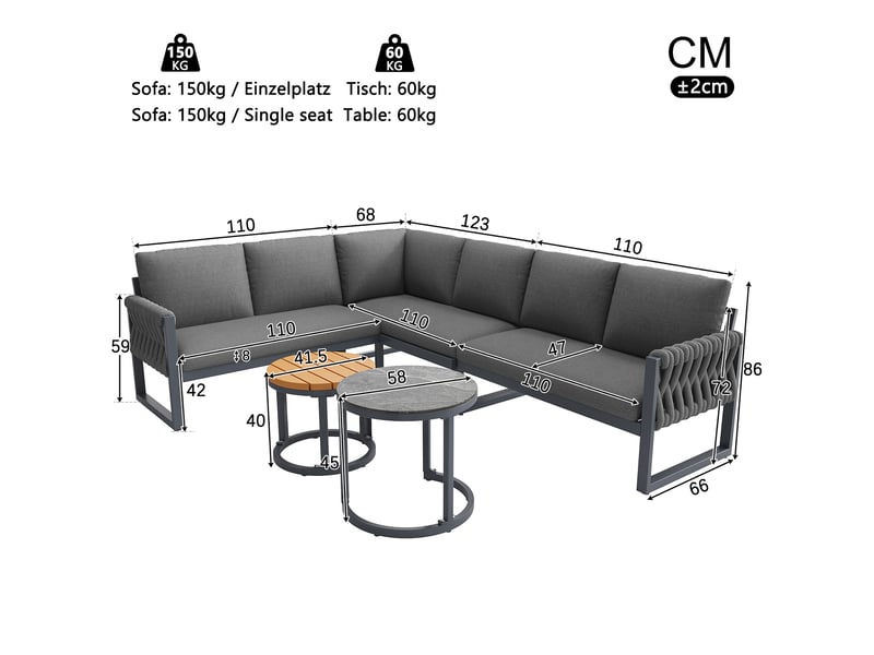  Salon de jardin modulable 6 places gris - coussins déhoussables, assises réglables  - Conforama C