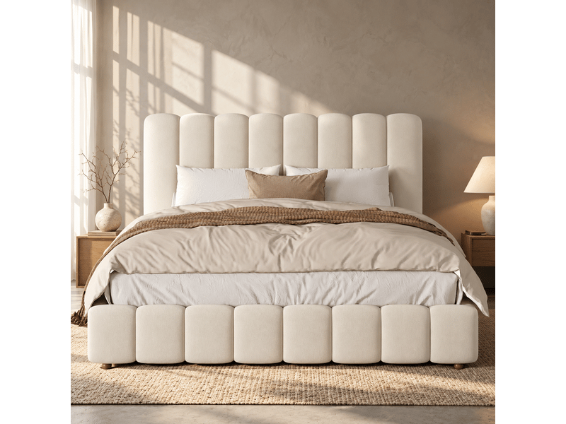  Lit double rembourré 200x200 cm, sommier à lattes, tête de lit rembourrée, pieds en bois massif, velours, beige  - Conforama D