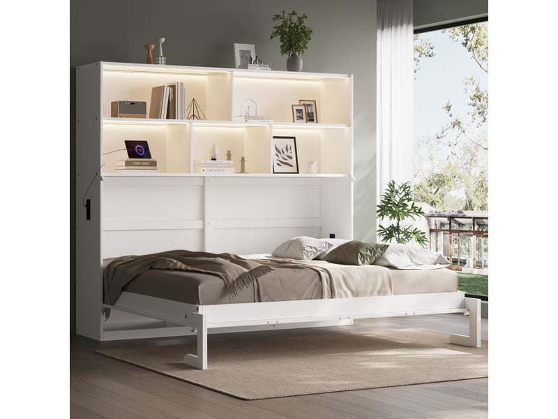 Lit escamotable 1 place 90x200 cm,gain de place,rangements latéraux,led pilotée par application,usb,usb-c et prise,bois,blanc - Conforama C