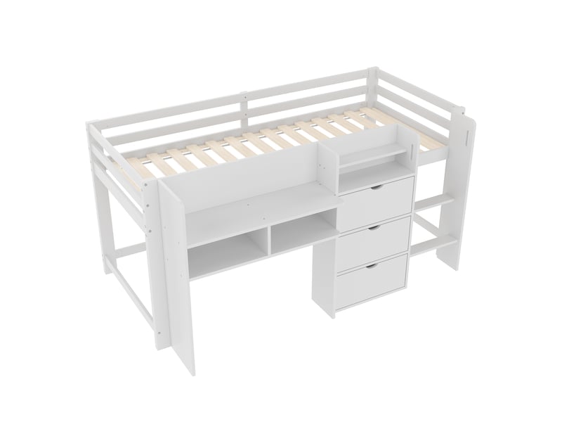Lit surélevé forme maison avec rangements et espace de jeu, blanc, 90x200 cm - Conforama E