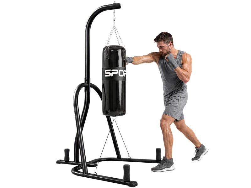  Support pour sac de frappe, support autoportant avec sac de frappe, cordon élastique, chaîne 360°, base en u, porte-disques, acier  - Conforama A