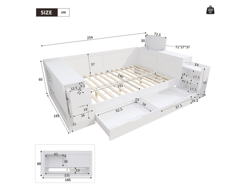  Lit coffre multifonctionnel - 140x190 cm - blanc - tiroirs intégrés - étagères - espace de rangement 254x145x60cm - Conforama A