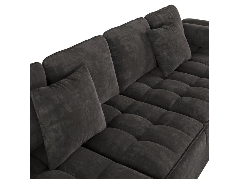 Canapé d'angle modulable en u 4 places, tissu chenille gris avec 2 méridiennes et coussins, pieds en métal doré pour salon, 262cm. - Conforama E
