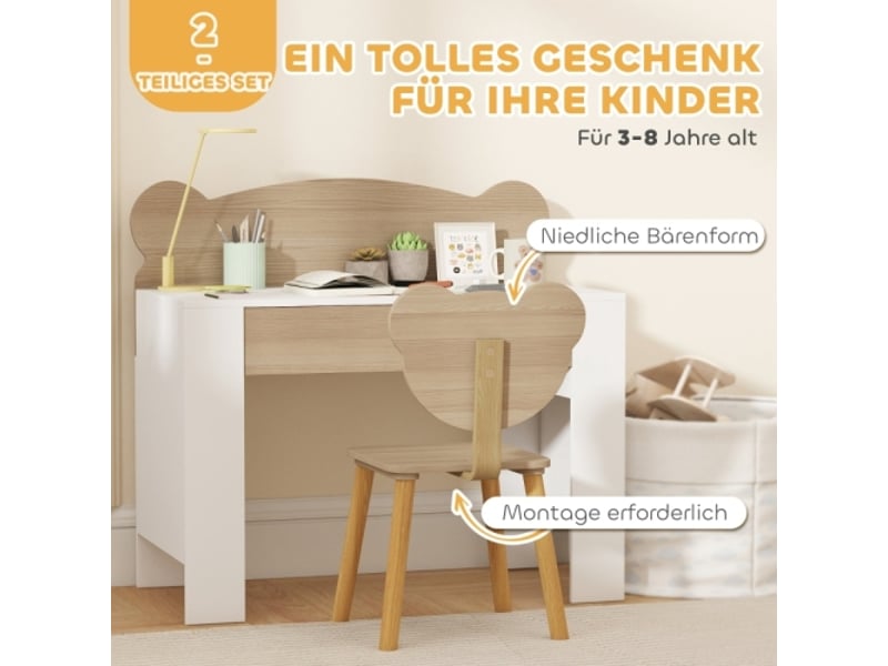  Bureau enfant en bois naturel avec chaise, plateau et tiroir, forme ours, filles et garçons  - Conforama B
