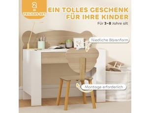 Bureau enfant en bois naturel avec chaise, plateau et tiroir, forme ours, filles et garçons