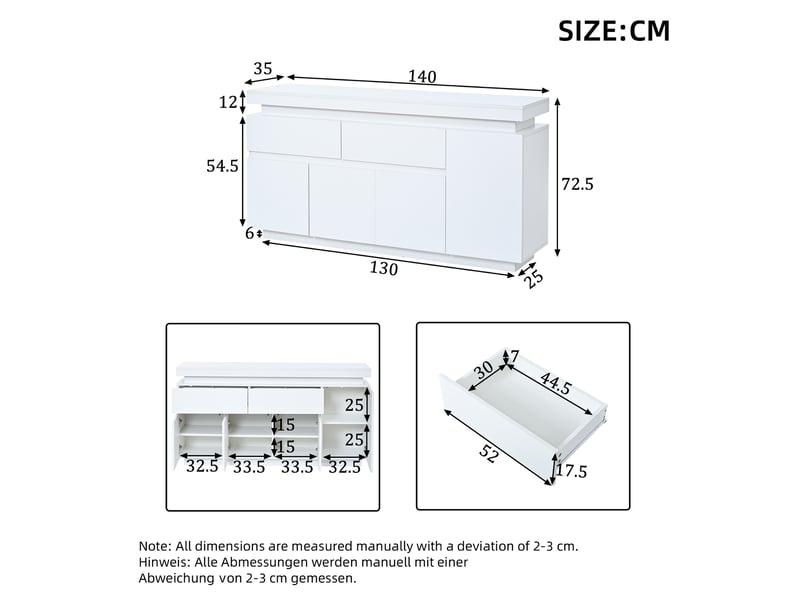  Buffet de rangement 140x35x72.5 cm à led, 2 tiroirs, 4 portes en panneaux de particules blanc  - Conforama E