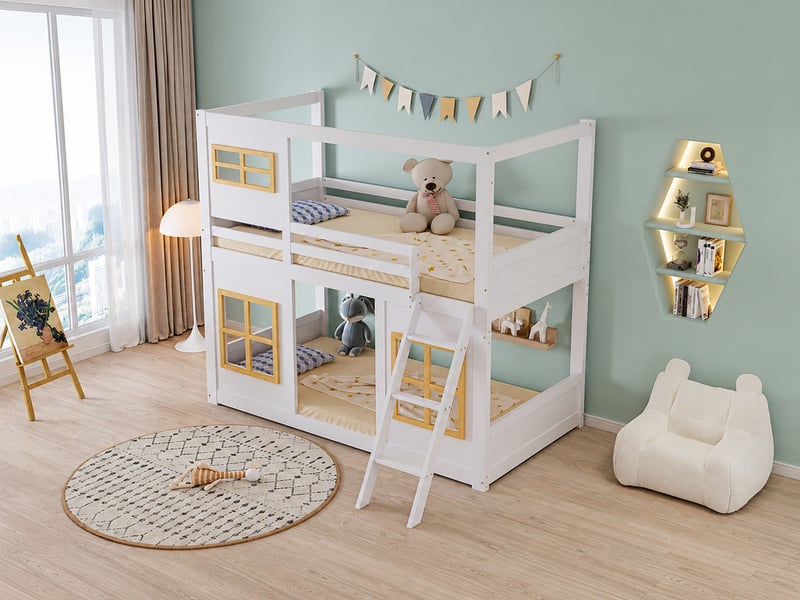  Lit mezzanine cabane avec échelle - 90x200cm - 3 fenêtres et espace libre sous le couchage - avec sommier à lattes - blanc et naturel  - Conforama B