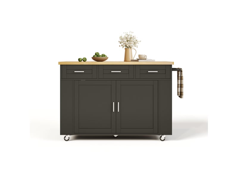  Desserte de cuisine avec 2 portes, 3 tiroirs, plan rabattable, prises et roulettes, naturelle et noire 120 × 70 × 84 cm  - Conforama A