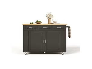 Desserte de cuisine avec 2 portes, 3 tiroirs, plan rabattable, prises et roulettes, naturelle et noire 120 × 70 × 84 cm