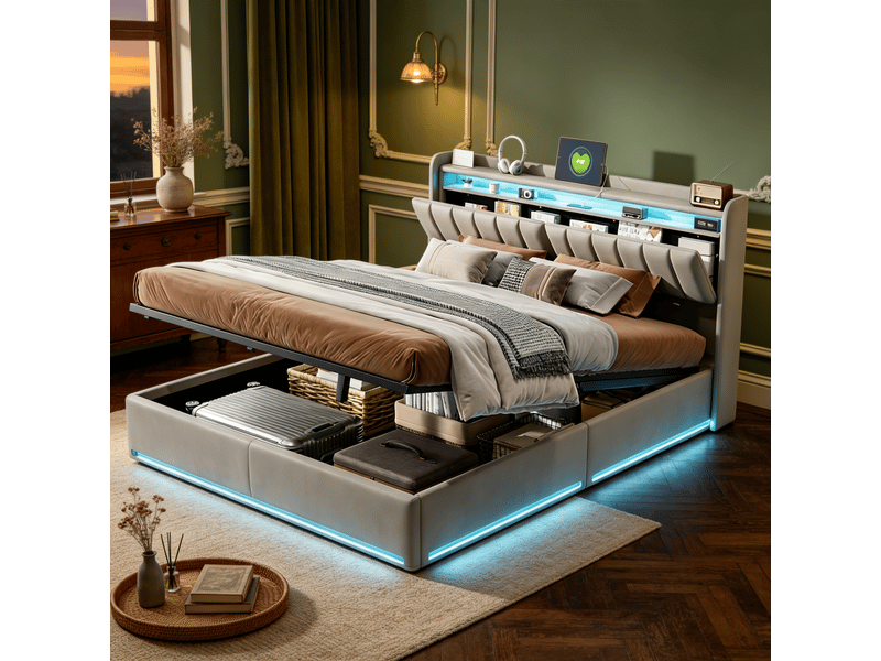 Lit double 160x200 cm avec rangement hydraulique et éclairage led - tête de lit usb, velours gris, sommier à lattes, structure renforcée 300 kg - Conforama B
