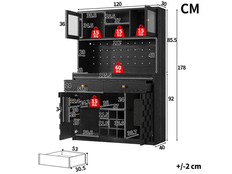  Buffet de cuisine 120x40x178 cm - 4 portes et 2 tiroirs, led rgb, 2 prises, 2 ports usb, rangement à vin - noir  - Conforama C