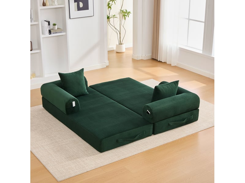  Canapé modulaire 3 places configurable avec poche latérale et 3 coussins en velours côtelé vert émeraude  - Conforama D
