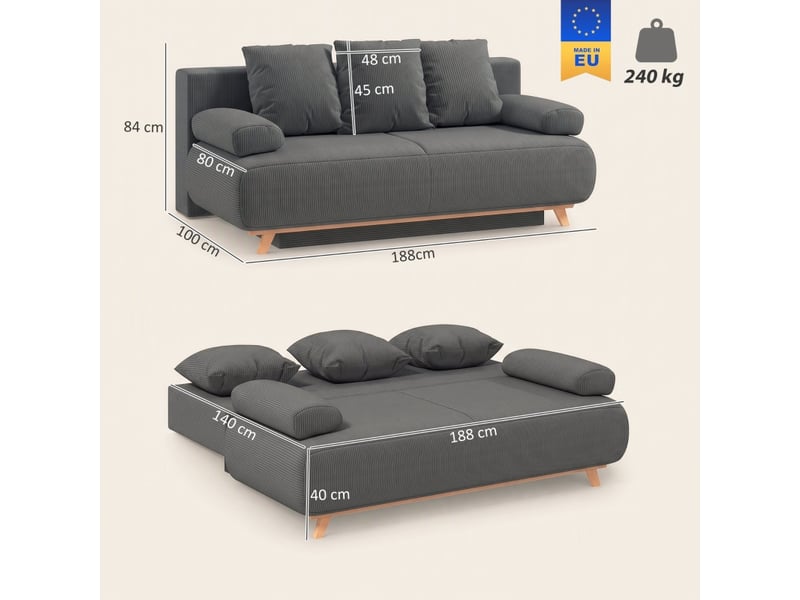  Canapé convertible 3 places avec coffre et couchage d’appoint  - bois, velours côtelé gris  - Conforama D