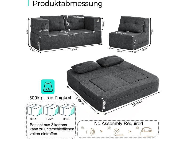  Canapé-lit modulable 3 places avec fauteuil pliable et poches latérales gris foncé  - Conforama C