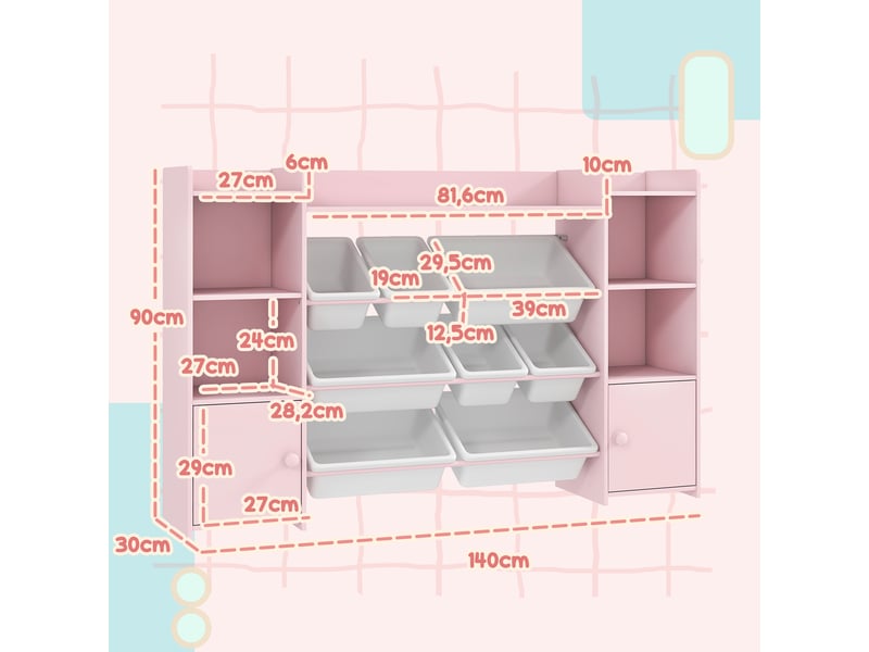 Bibliothèque enfant - rangement à bacs posés x 8 - 4 niches, 3 étagères, 2 portes - rose - Conforama C