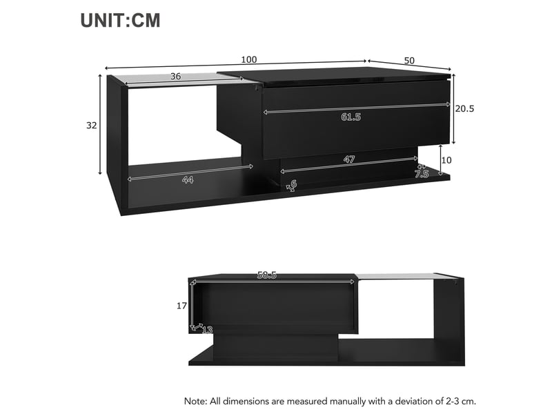  Table basse avec tiroir, plateau en verre et led pour salon 100×50×32 cm en panneaux de particules noir  - Conforama E