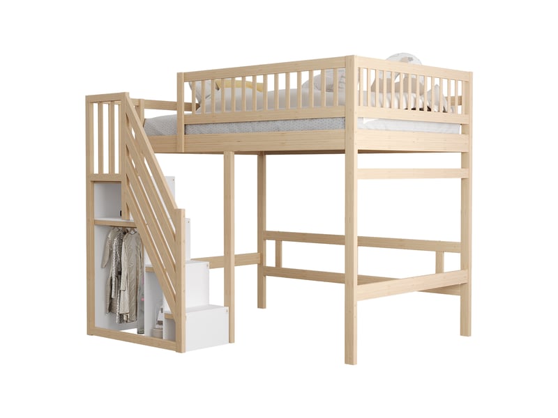  Lit mezzanine 140x200 cm, cadre de lit double en bois massif, lit enfant avec placard de rangement, couleur bois  - Conforama E