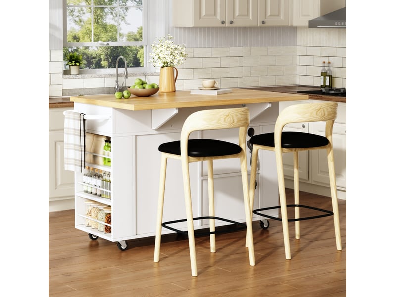  Desserte de cuisine avec plateau rabattable, 3 tiroirs, 2 portes, prises et roulettes blanc naturel 120 × 70 × 84 cm  - Conforama E