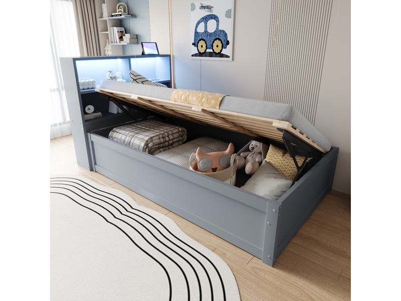  Sofa-lit en bois massif 90*200 cm gris avec prise multiple, quatre rangements, led et relevage  - Conforama E