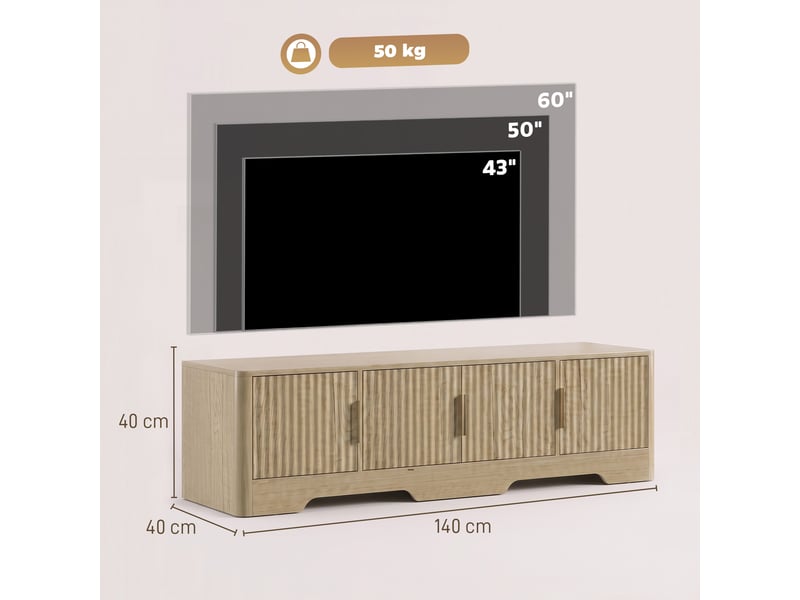  Meuble tv 140 cm design effet bois clair 4 portes cannelées 3 étagères  - Conforama C