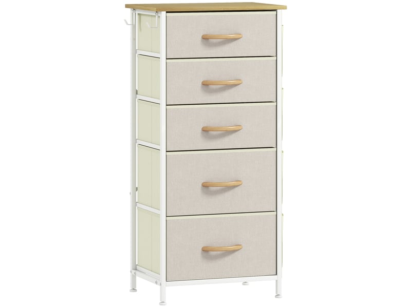  Commode 5 tiroirs en tissu, meuble de rangement avec 4 poches, 2 crochets, structure en acier, 45 x 30 x 94,5 cm, beige  - Conforama A
