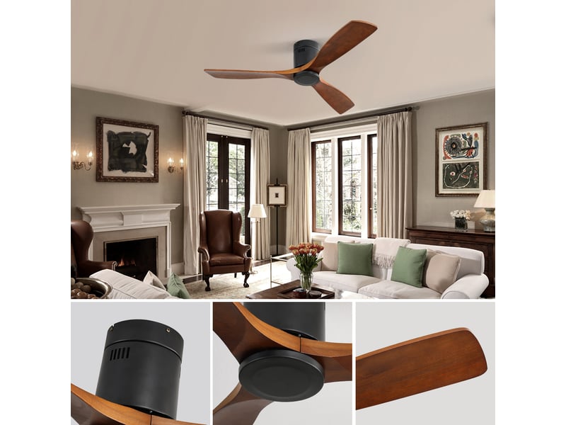  Ventilateur de plafond bois massif 132 cm moteur dc silencieux réversible avec télécommande sans lumière design moderne 3 pales  - Conforama C
