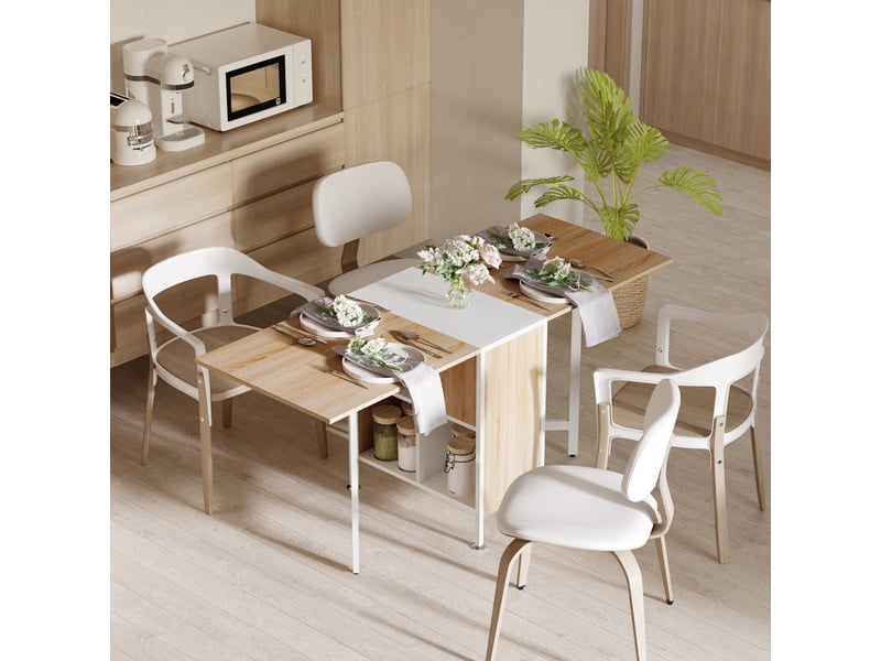  Table salle à manger pliante, abattants, 4 compartiments, 3 configurations, 4 couverts, salonpetits espaces, 169x60x75 cm, chêneblanc.  - Conforama D