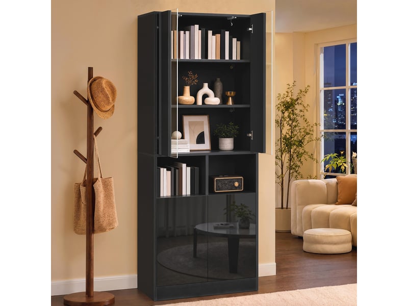 Armoire haute à 4 portes avec led pilotée par application - lpospi - 2 niches, mdf et panneaux de particules noir - Conforama C