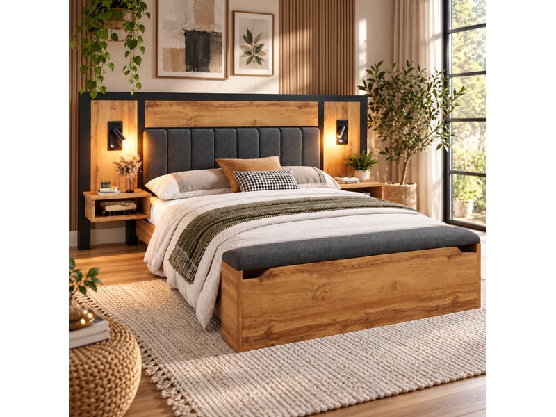  Lit double rembourré 160x200 cm avec liseuse, usb-c, table de chevet et banc avec rangement, sommier métalbois, lin, coloris chêne, sans matelas IKSETERA TRADING LTD - Conforama B