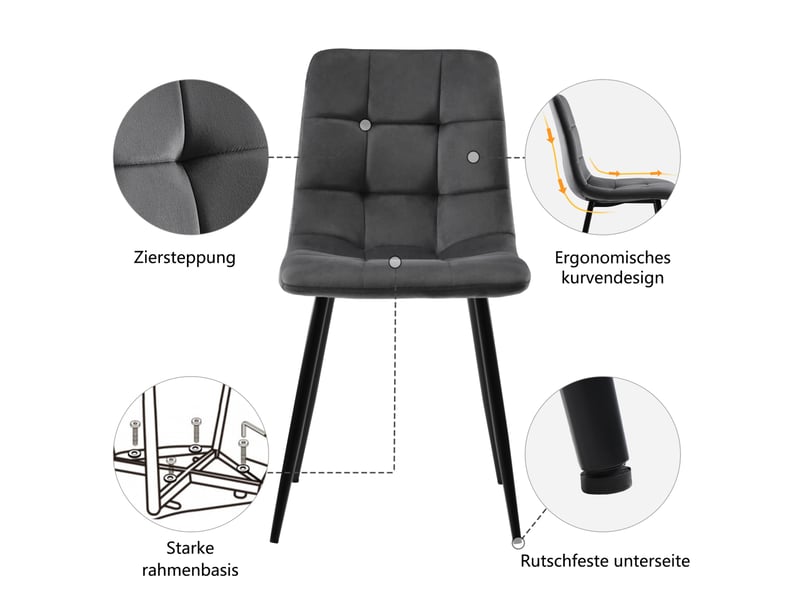  Lot de 4 chaises de salle à manger en velours, chaises rembourrées avec pieds en métal, ergonomie, pour cuisine, salle à manger, salon, chambre à coucher, gris  - Conforama E