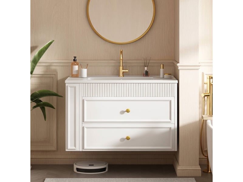  Meuble salle de bain suspendu 81 cm blanc avec vasque en céramique et porte-papier toilette  - Conforama B