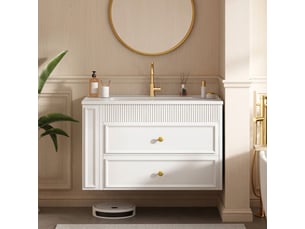 Meuble salle de bain suspendu 81 cm blanc avec vasque en céramique et porte-papier toilette