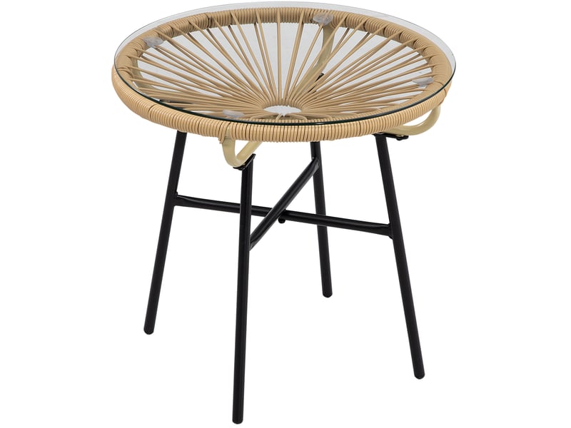  Table d'appoint extérieure ronde 50x50x50 cm – noir et beige – plateau en verre trempé et résine tressée  - Conforama A